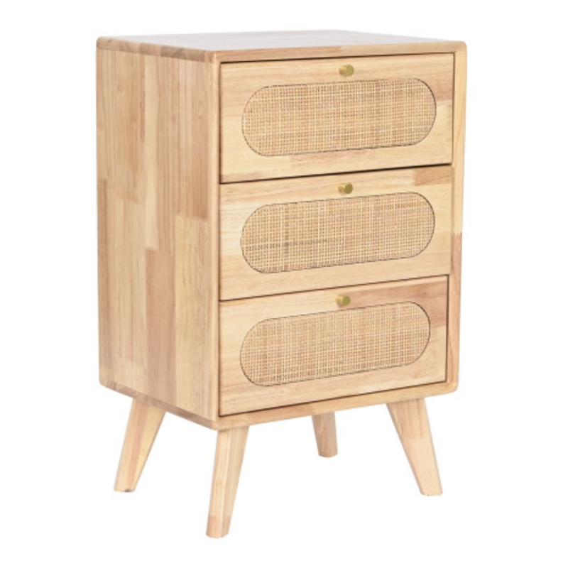 Mesita de noche tres cajones Rubberwood Ratán Natural